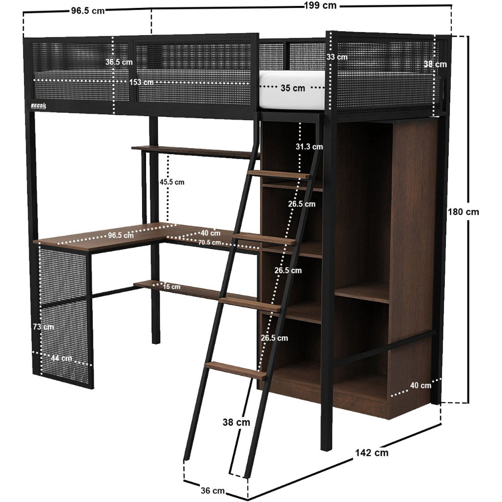 Recoil Graynite Metal Gaming High Sleeper with Shelf and Storage Image 7
