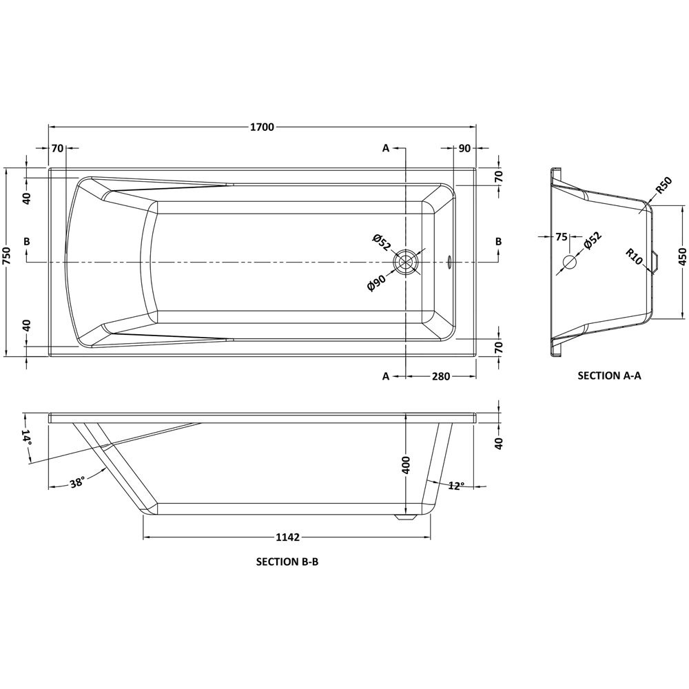 nuie 1700 x 750mm Standard Bath with Panel and Screen Image 2