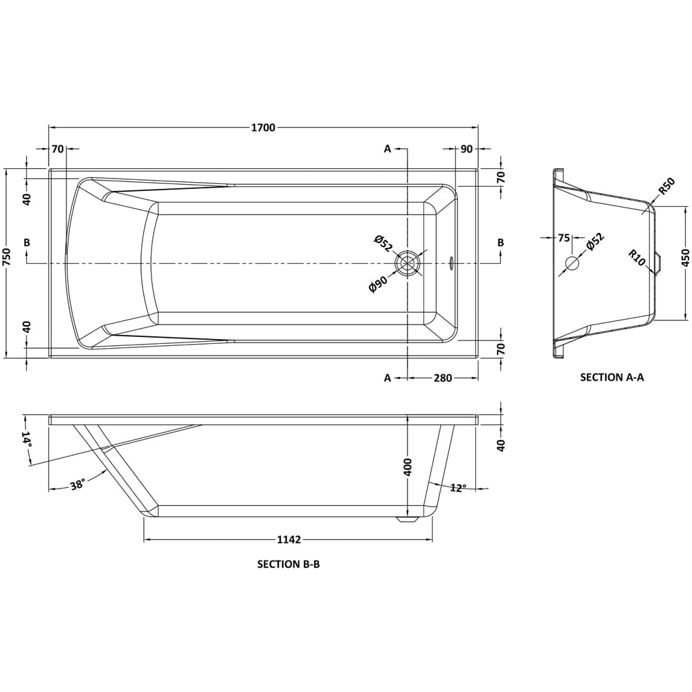 nuie 1700 x 750mm Standard Bath with Panel and Screen Image 2