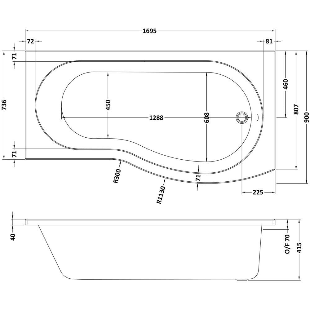 nuie 1700mm Right Hand B-Bath with Panel and Chrome Screen Image 2