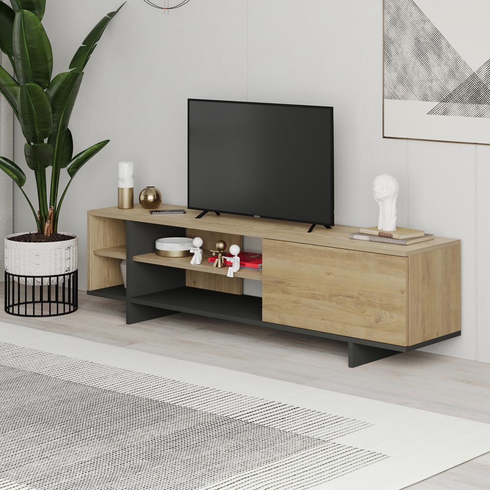 Decortie Stockton Single Door 4 Shelf Oak and Anthracite Grey TV Stand Image 5