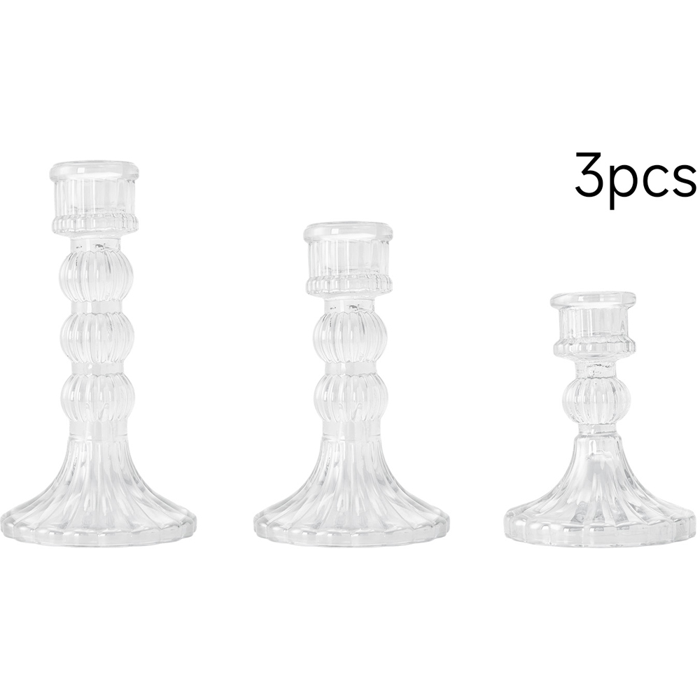 Living and Home Clear Glass Fluted Candlestick Holder Set of 3 Image 3