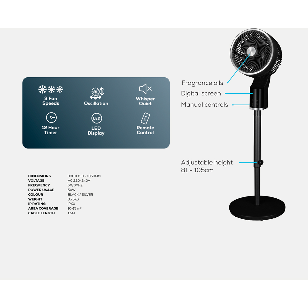 TCP Black Quiet Powerful Cooling 3D Oscillation Remote Control Pedestal Fan Image 6