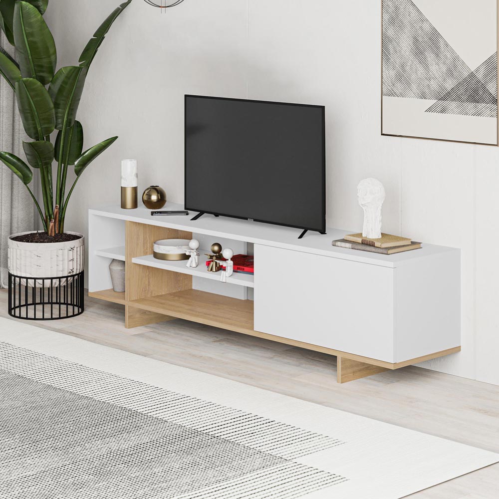 Decortie Stockton Single Door 4 Shelf White Oak TV Stand Image 5