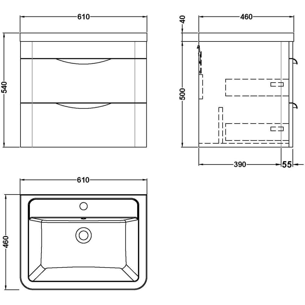 nuie Parade 2 Drawer Gloss White Wall Hung Vanity Unit and 1 Tap Hole Ceramic Basin 600mm Image 4