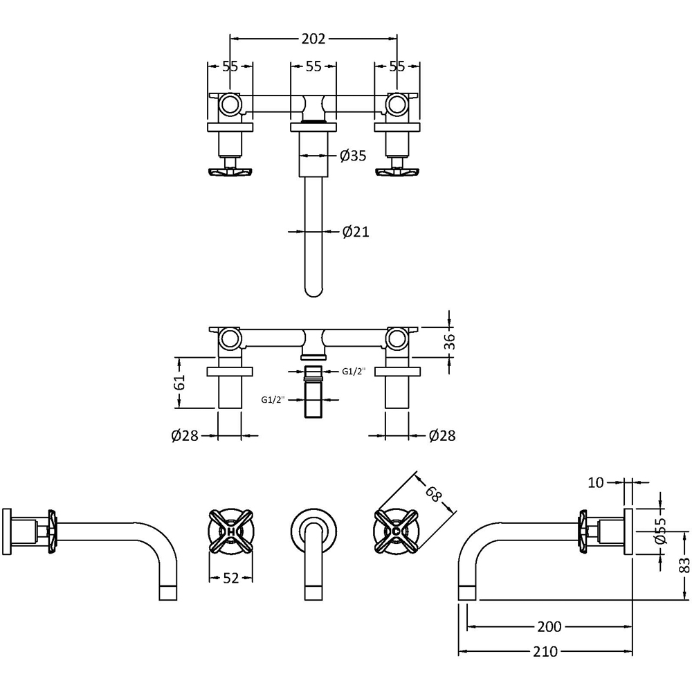 nuie Aztec Brushed Brass Wall Mounted Basin Mixer Tap Image 2