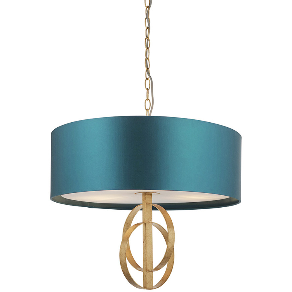 Merano Trento Antique Gold and Teal Satin Fabric 3 Light Pendant Ceiling Light Image 4