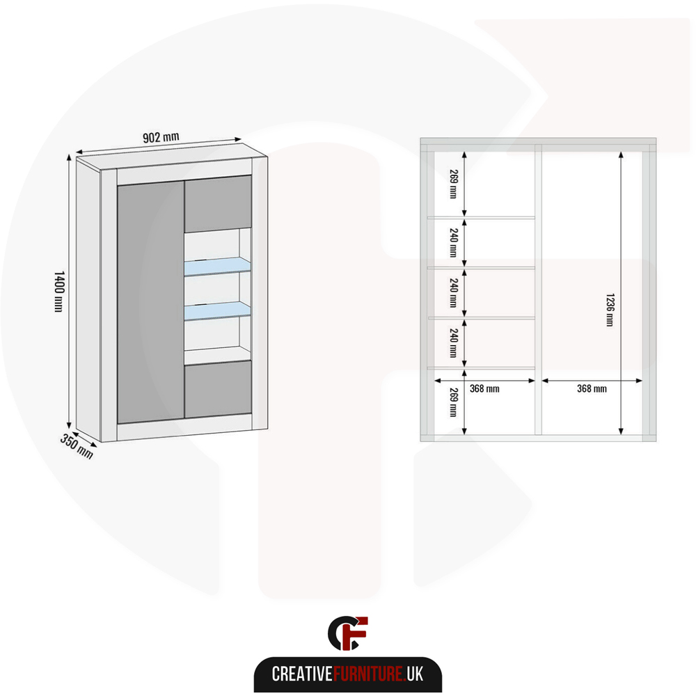 Creative Furniture Arcadia White and Grey Gloss 3 Door 3 Shelf Display Cabinet Image 7