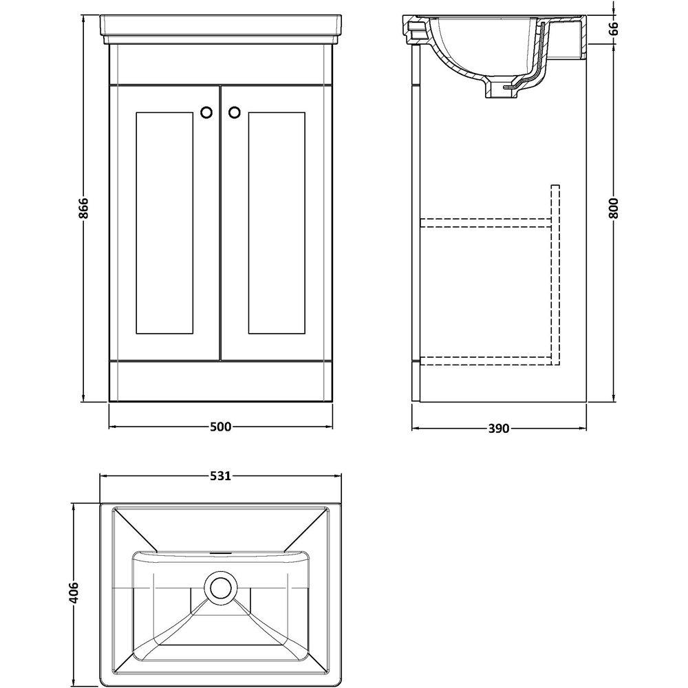 nuie Classique 2 Door Satin Green Floor Standing Unit and 0 Tap Hole Fireclay Basin 500mm Image 3
