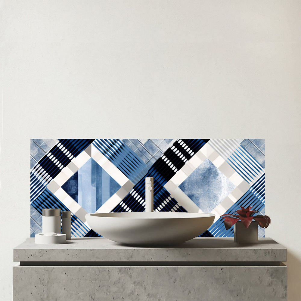 Warren Reed Designer Checkered Square Black and Blue Glass Bathroom Splashback 25 x 60cm Image 1