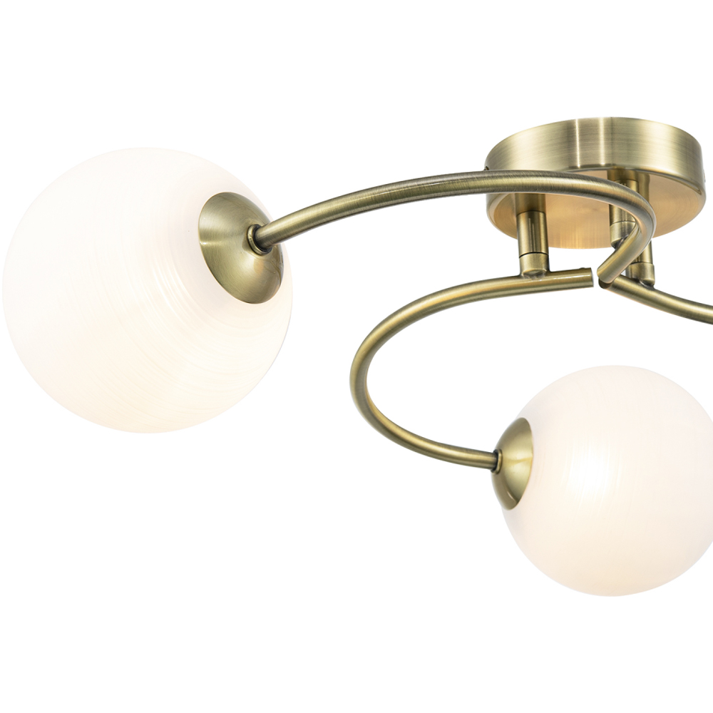 Happy Homewares 3 Arm Antique Brass Ceiling Light with Opal Swirl Glass Spherical Shades Image 5