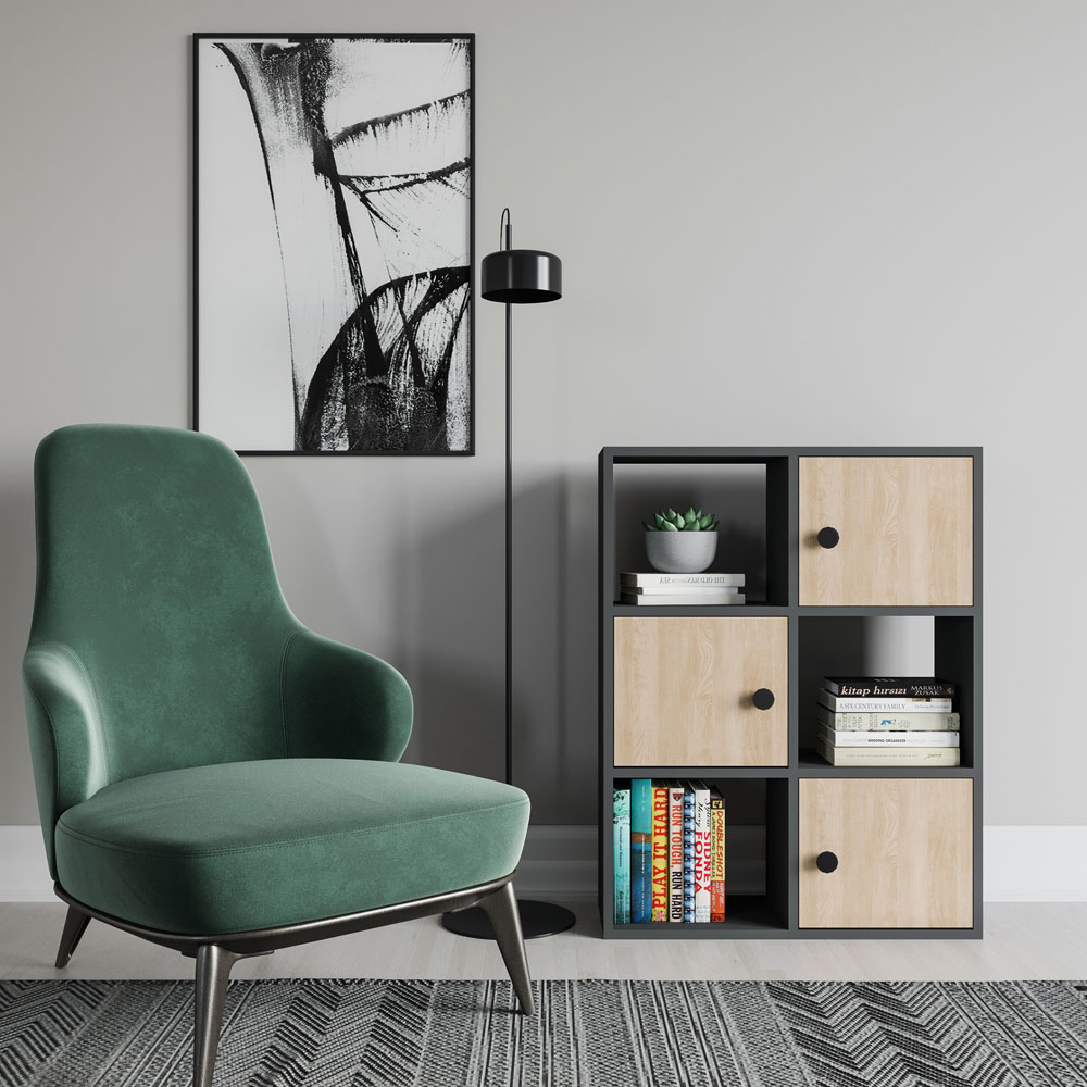 Decorotika Tilton 3 Door 3 Open Shelf Anthracite and Oak Bookcase Image 3