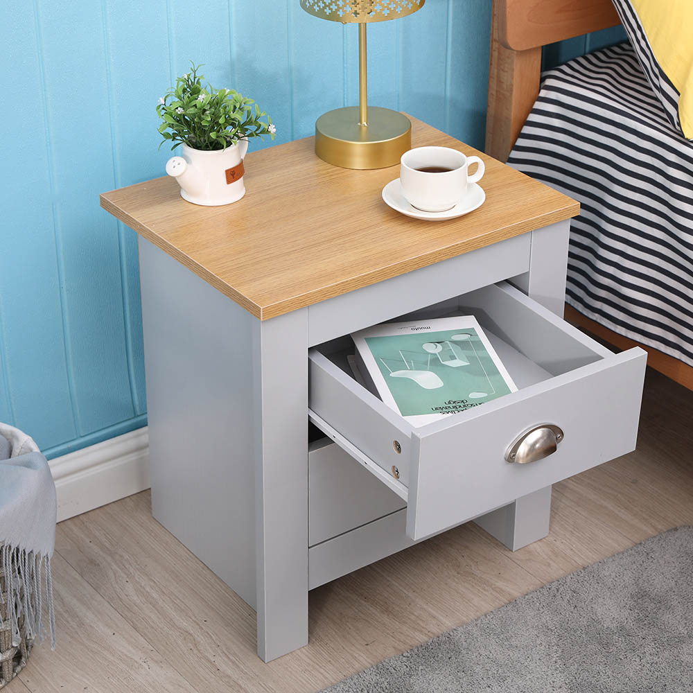 FurnitureHMD 2 Drawer Grey and Oak Effect Wooden Bedside Table Set of 2 Image 5