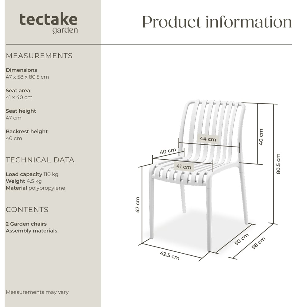 tectake Alcudia Set of 2 White Stackable Garden Chair Image 9
