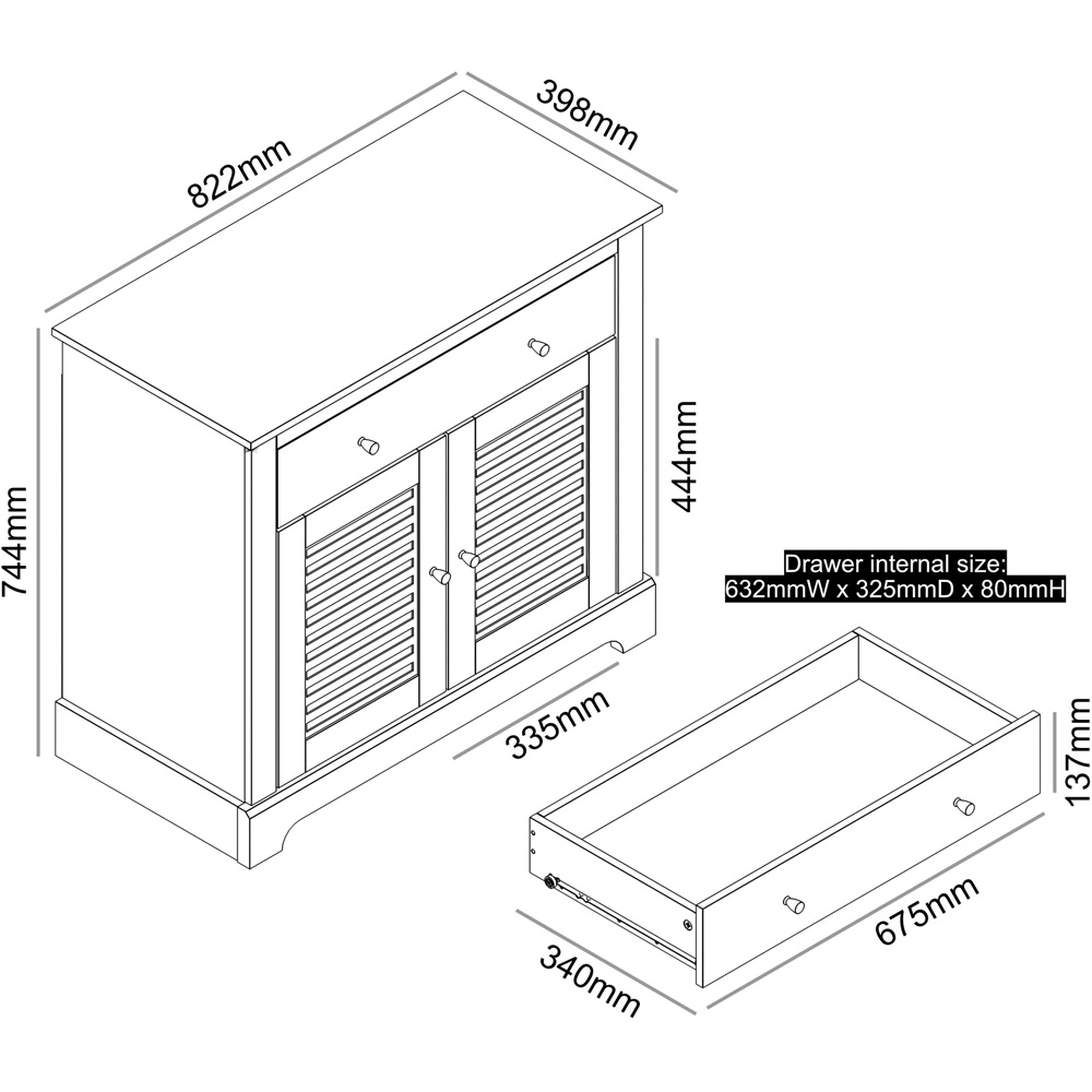 GFW Salcombe 2 Door Single Drawer Light Grey Compact Sideboard Image 6