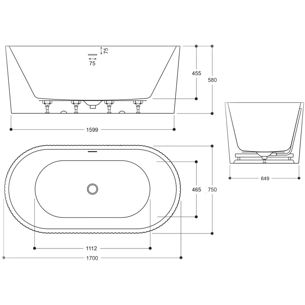 Synergy Estriado Gloss White Modern Fluted Free Standing Bath 1700 x 750 x 580mm Image 2
