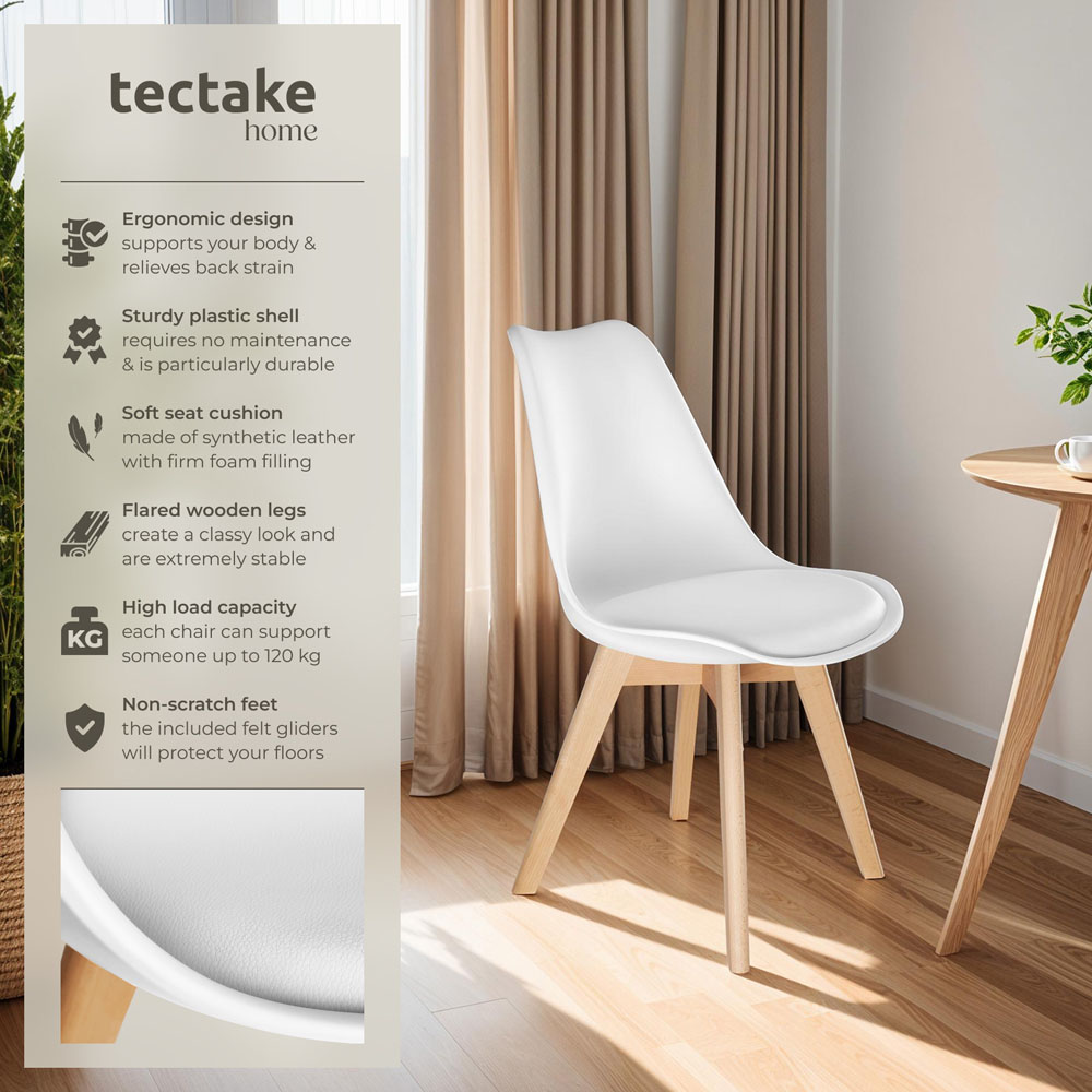 tectake Frederikke Set of 2 White Padded Dining Chair with Wooden Legs Image 4