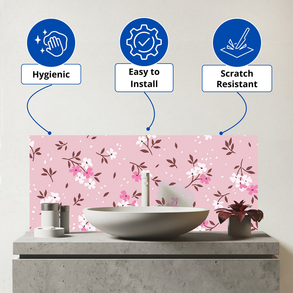 Warren Reed Designer Pretty Pink Flower Pattern Glass Bathroom Splashback 25 x 60cm Image 3