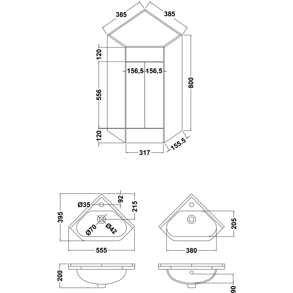 nuie Mayford Single Door Gloss White Floor Standing Corner Vanity Unit with Ceramic Basin 555mm Image 2