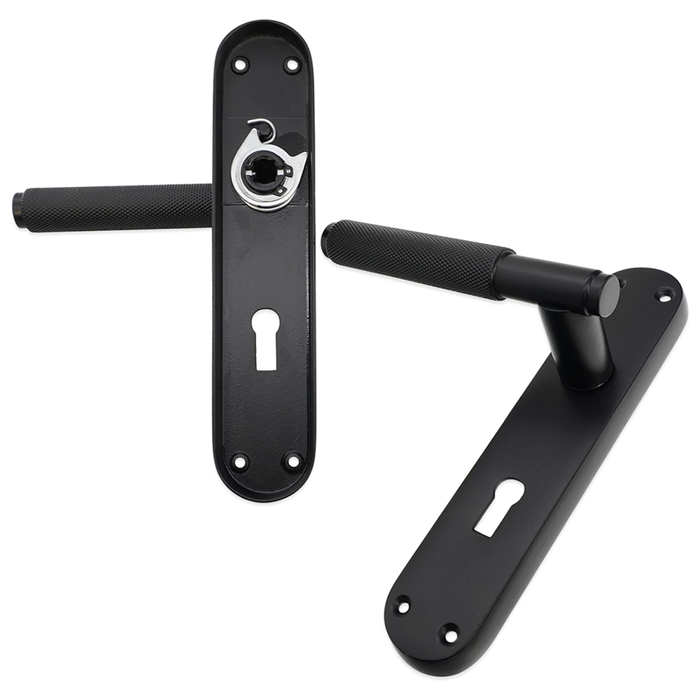 Spira Brass Connaught Matt Black Knurled Lever Door Handle with Lock Backplate 2 Pack Image 3