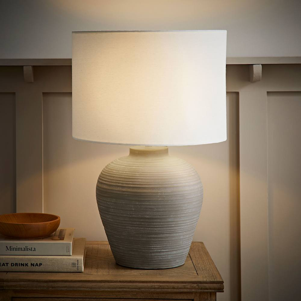 ValueLights Reid Linen Drum Lamp Shade Stone Grey Ribbed Ceramic Large LED Table Lamp Image 2