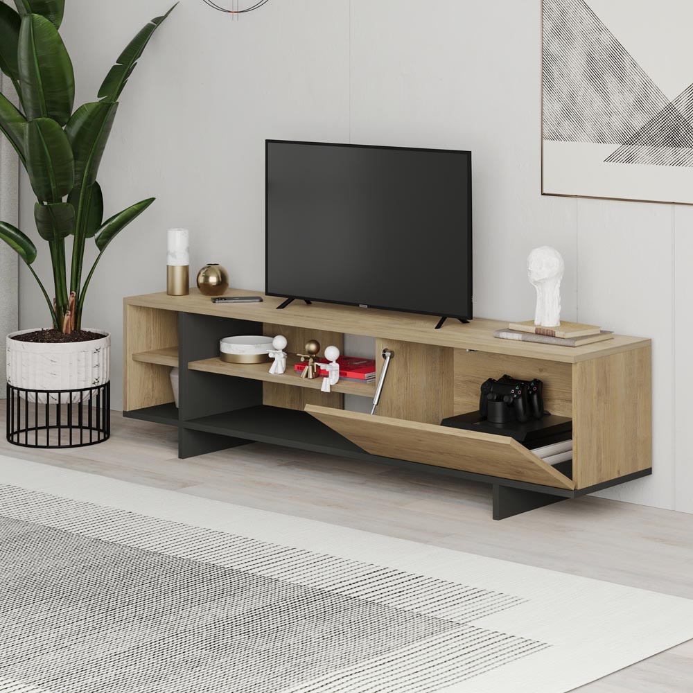 Decortie Stockton Single Door 4 Shelf Oak and Anthracite Grey TV Stand Image 4