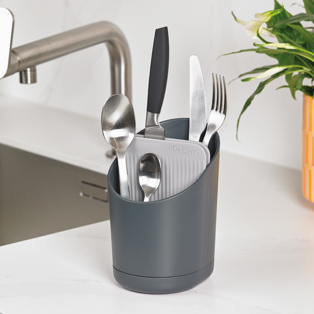 ReBorn Dark Grey Compact Plastic Cutlery Drainer with Knife Safety Slot Image 2