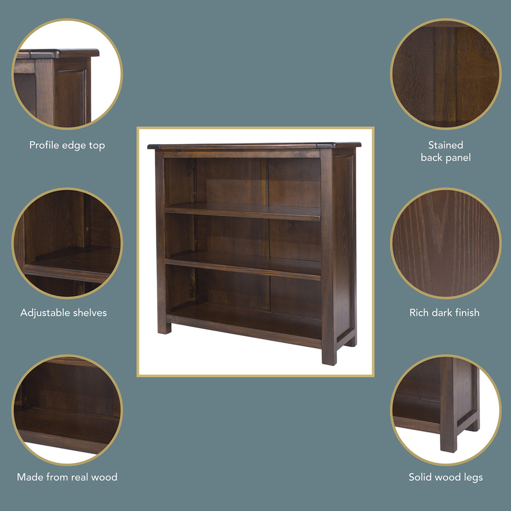 Boston 3 Shelf Dark Lacquer Finish Low Bookcase Image 5