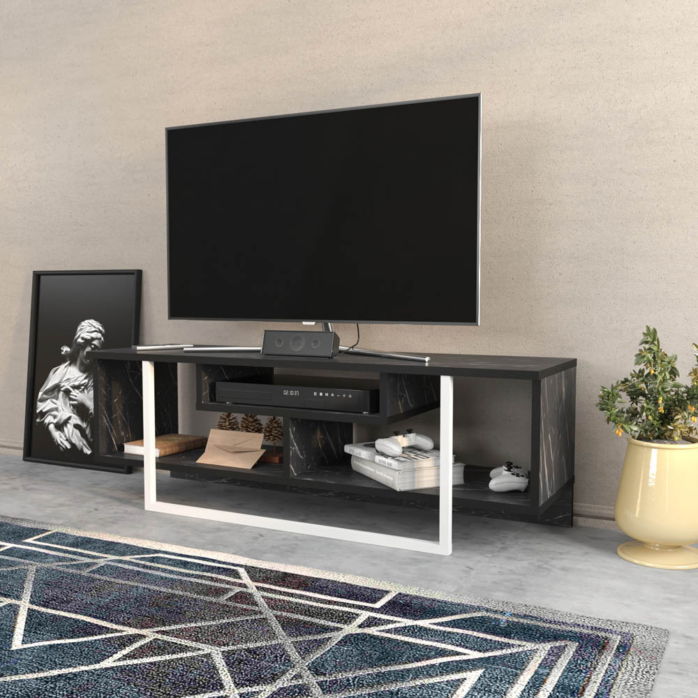 Decorotika Asal Black Marble Effect and White Wide TV Unit Image 5