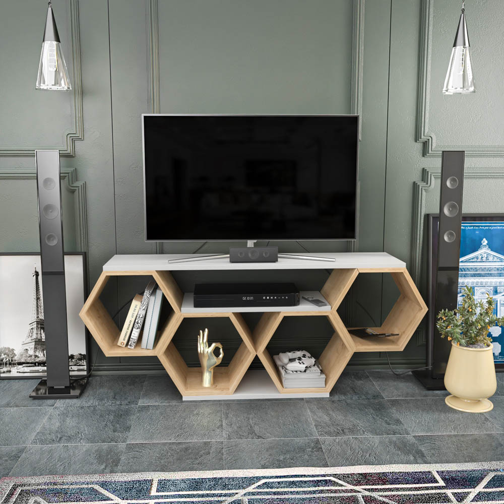Decorotika Honey White and Oak Wide Hexagonal TV Unit Image 4
