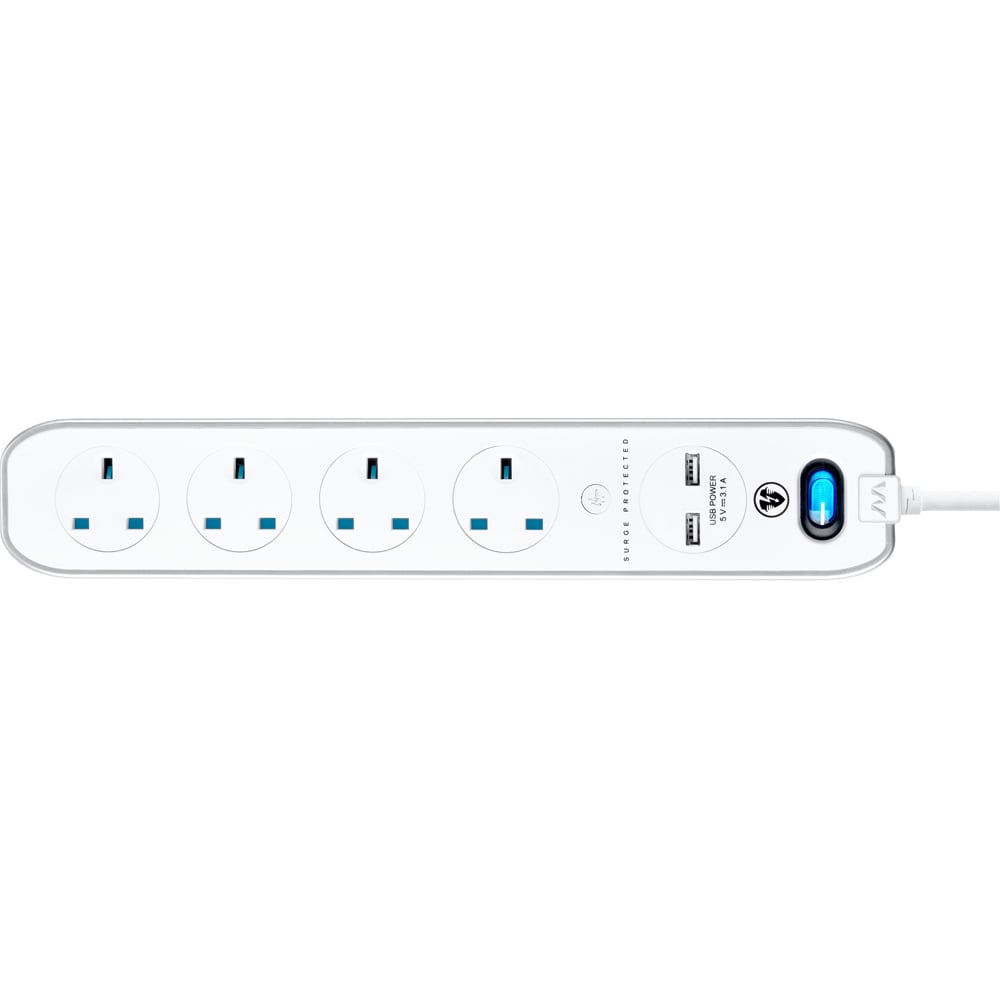 Masterplug Gloss White 4 Socket Switched Inline Surge Extension Lead with USB 2m Image 2