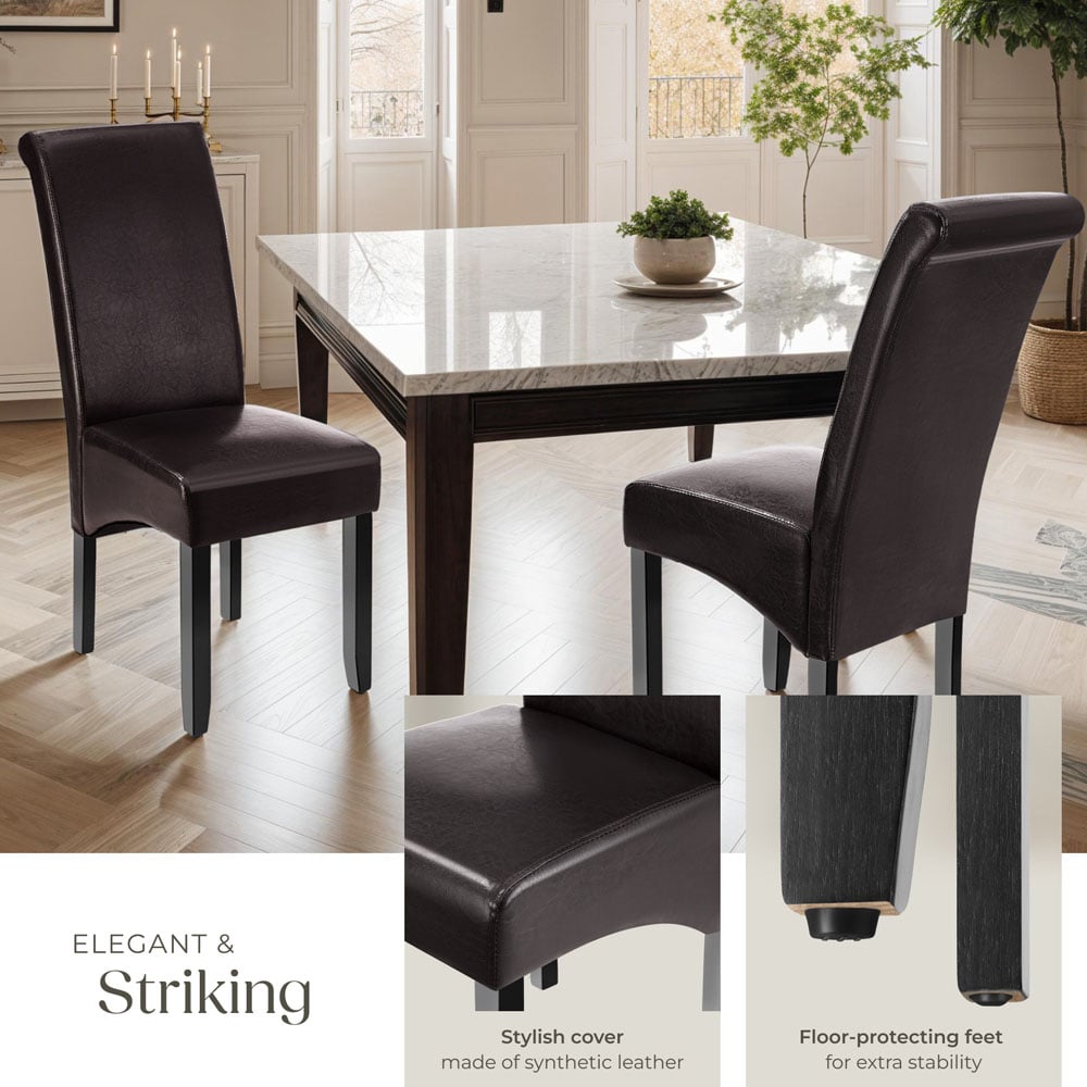 tectake Set of 2 Brown Faux Leather High Backrest Dining Chair Image 4
