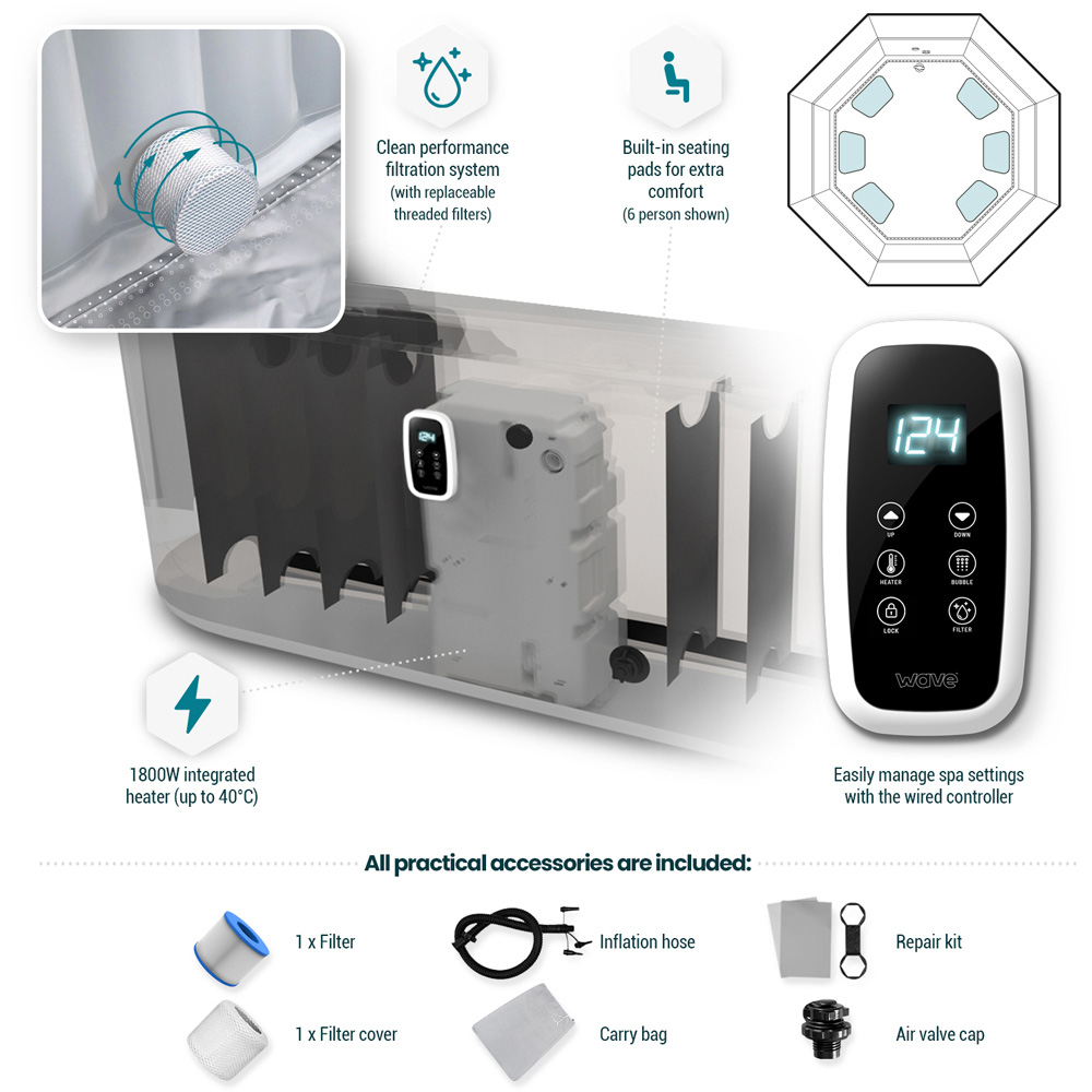 Wave Spas Aegean 6 Person Dark Grey Octagonal Inflatable Hot Tub with EnergySave Bundle Image 6