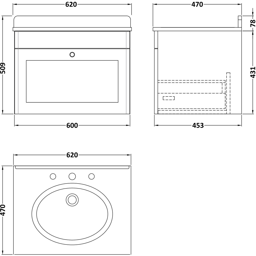 nuie Classique Single Drawer Satin White and Black Wall Hung Unit and 3 Tap Hole Marble Basin 600mm Image 3