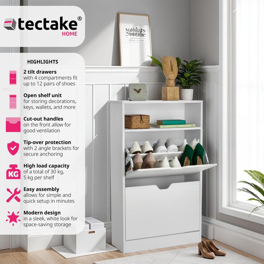 Tectake Calea 2 Compartment White Shoe Cabinet Image 4