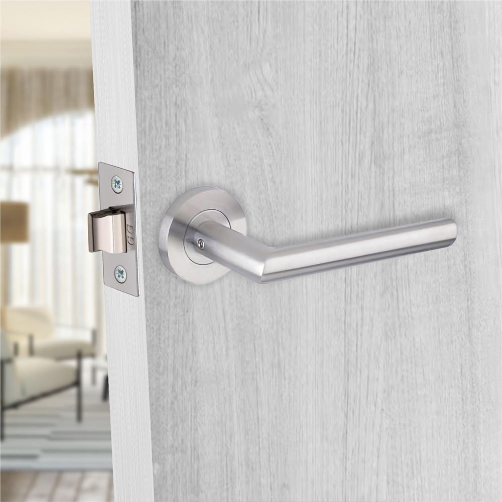 Golden Grace Mitred Satin Nickel Bathroom Door Handle Pair with Mortise, Hinges and Thumbturn 64mm Image 2