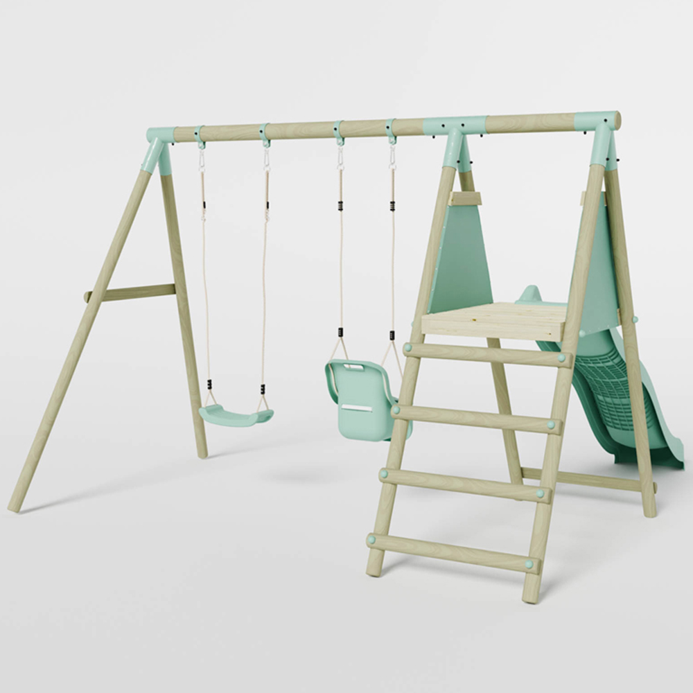 Mercia Wooden Round Pole Single Swing and Baby Seat Swing Set with Slide Image 4