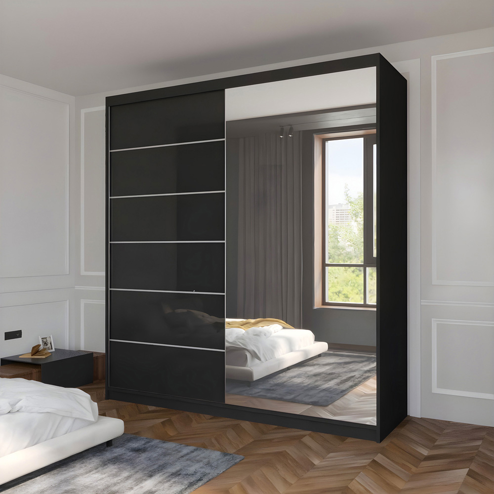 Sliding Wardrobes 4U Infinity 2 Door Black High Gloss Mirrored Wardrobe Image 3