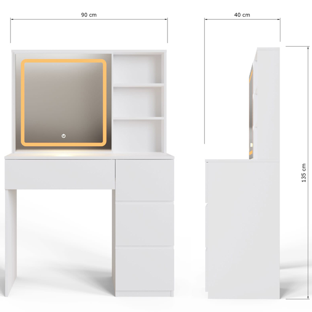 GFW Maeve 4 Drawer 3 Shelf White Dressing Table with Sliding LED Mirror Image 9