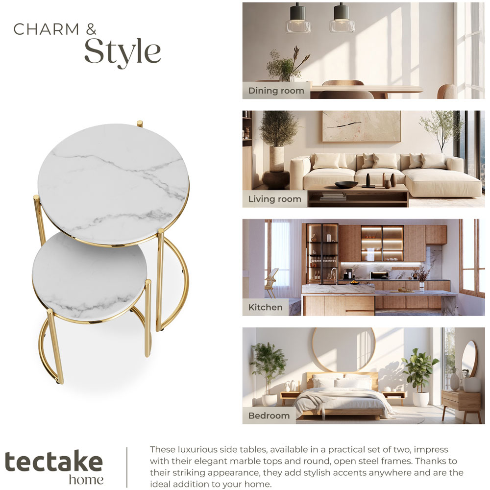 tectake Side Table Ellsa White and Gold Marble Top Side Table Set of 2 Image 5