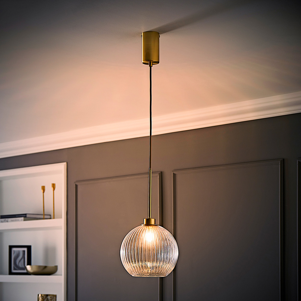ValueLights Maddison Clear Ribbed Glass Shade Brushed Gold LED Ceiling Pendant Light With Bulb Image 5