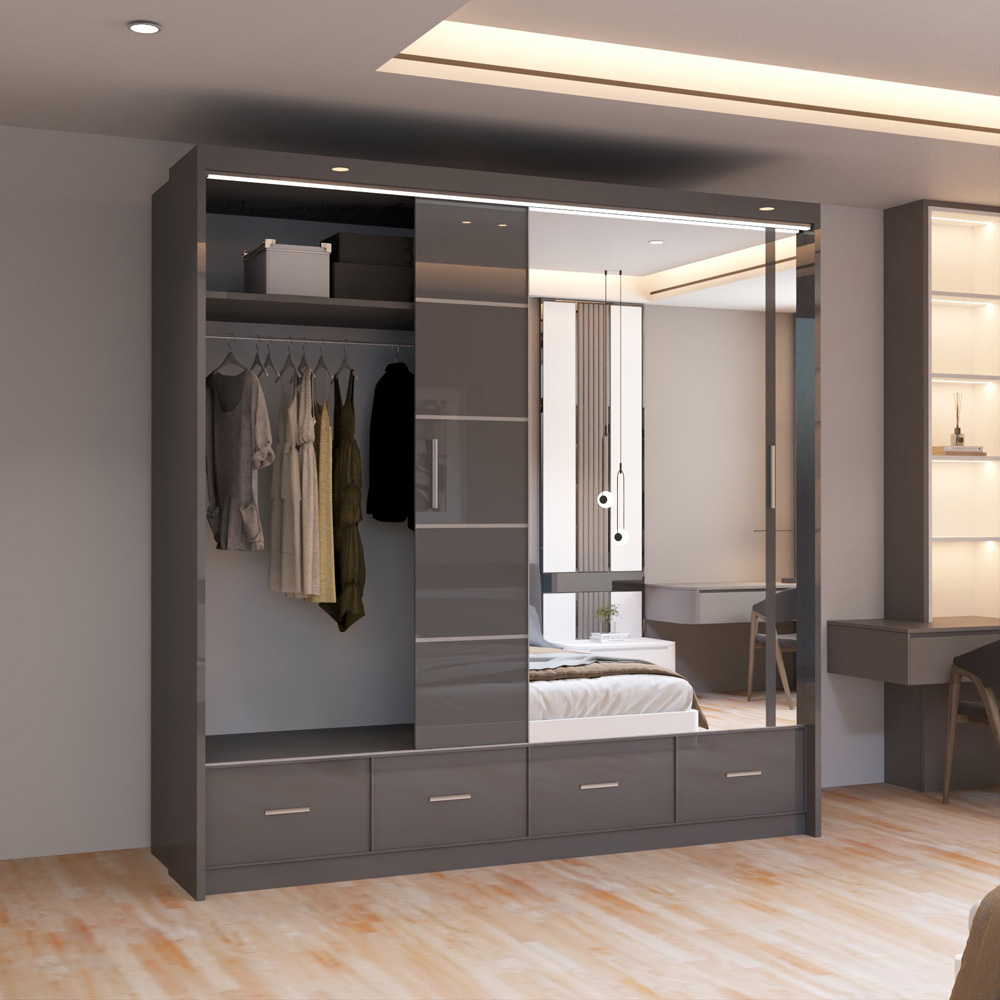Sliding Wardrobes 4U 2 Sliding Door Grey Modern High Gloss Mirrored Wardrobe 203cm Image 4