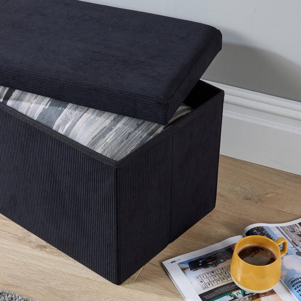 Home Source Black Corduroy Fabric Rectangular Foldable Storage Ottoman Image 3