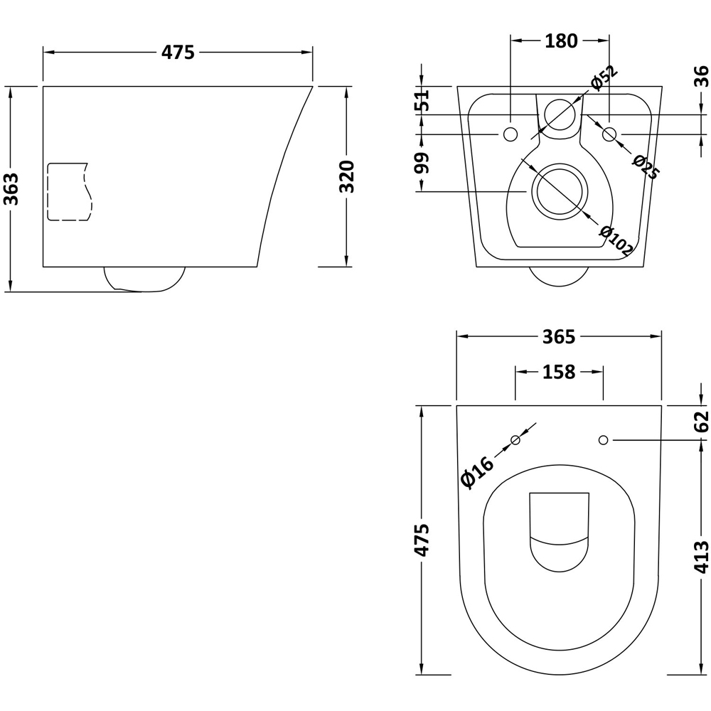 nuie Freya White Wall Hung Rimless Toilet Pan and Soft Close Seat 365mm Image 3