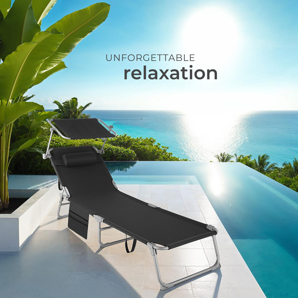 tectake Black Foldable Sun Lounger with Sun Canopy Image 8
