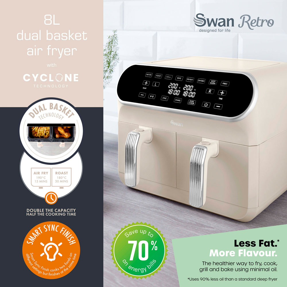 Swan Retro SD10519C Cream Dual Basket Air Fryer 8L Image 2