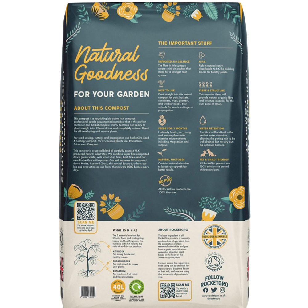 Thompson and Morgan Rocket Gro Black Gold Container and Basket Compost 40L 2 Pack Image 2