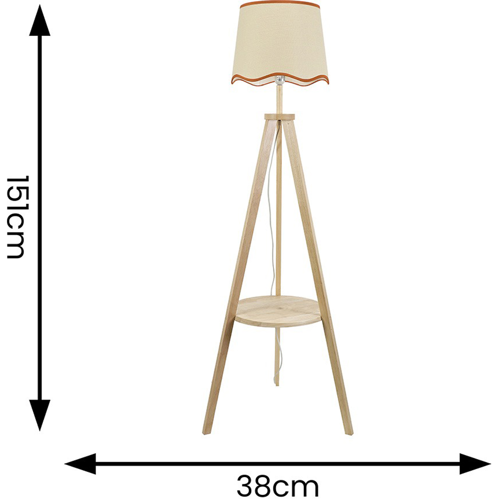 ValueLights Morrigan Natural Wood Shelf Rust Trim Scallop Shade Tripod Floor Lamp with Bulb Image 7