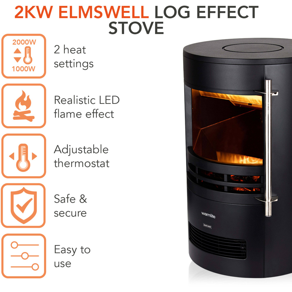 Warmlite Elmswell Black Cast Effect Round Stove Fire with LED Flame Effect 2000W 17 inch Image 2
