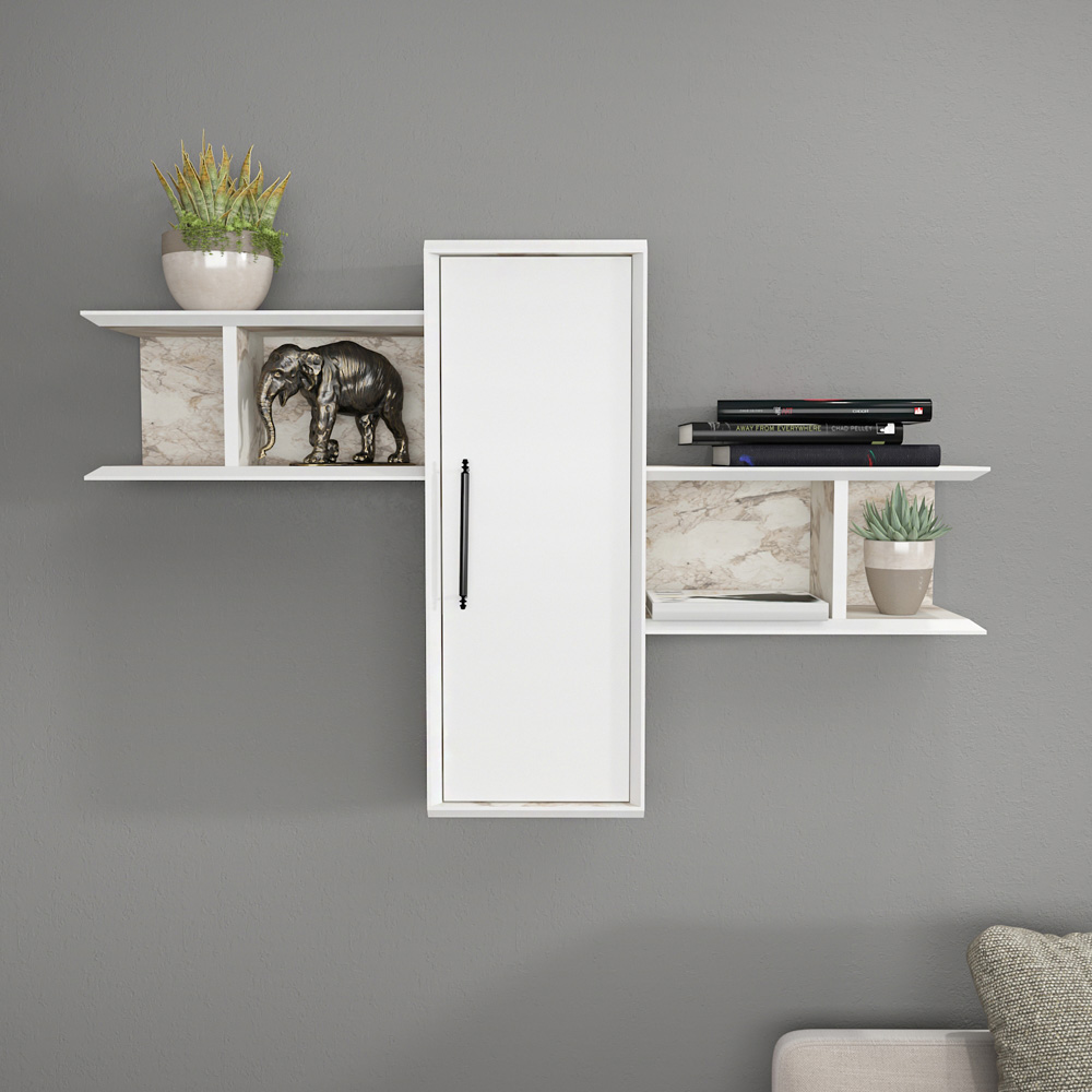 Decorotika Olida Single Door 4 Shelf White Marble Effect and White Wall Display Unit Image 6